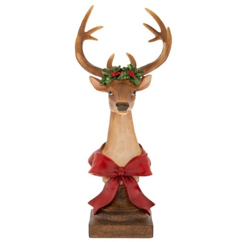 BUSTO DI CERVO MARRONE CON FIOCCO ROSSO 10X9,5X23CM